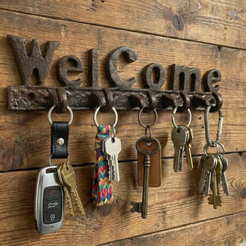 Welcome Wall Key Holder Metal Decorative Rack with 5 Hooks