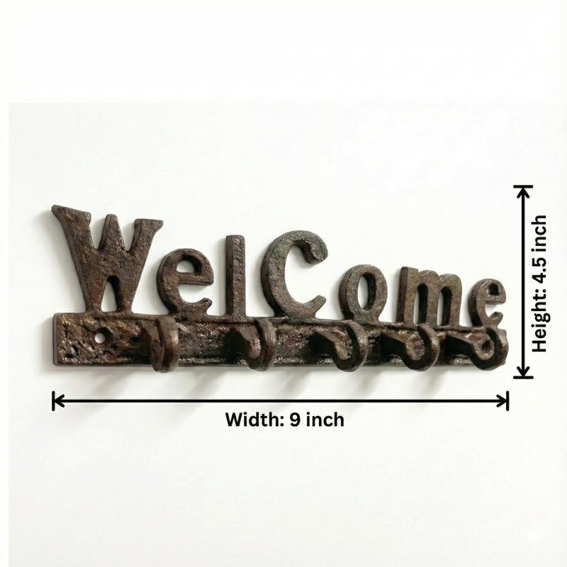 Welcome Wall Key Holder Metal Decorative Rack with 5 Hooks